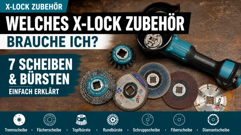 Makita X-LOCK Winkelschleifer mit verschiedenen X-LOCK Scheiben und Bürsten auf einer Werkbank