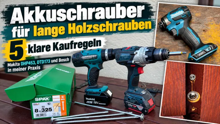 Akkuschrauber für lange Holzschrauben: Makita DHP453, Bosch GSB 18V-110 C, Makita Schlagschrauber und SPAX 8×325 mm im Praxisvergleich