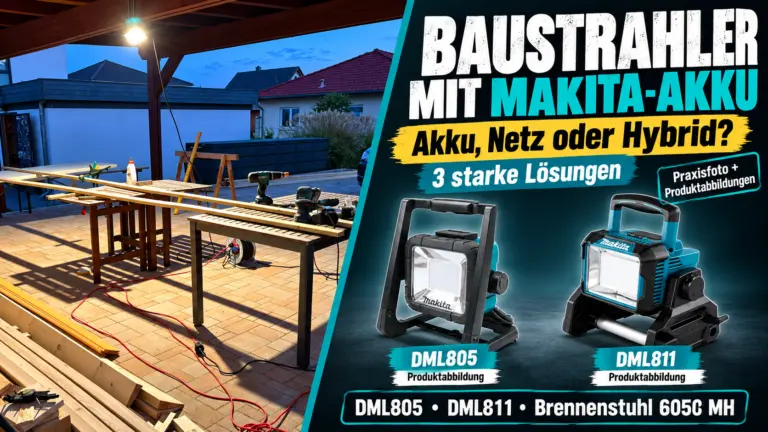 Baustrahler mit Makita-Akku: eigener Carport-Arbeitsplatz mit Produktabbildungen von Makita DML805 und DML811