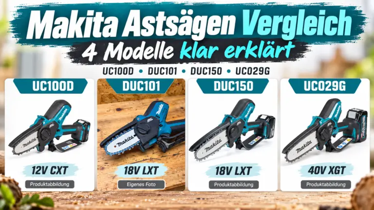 Makita Astsägen Vergleich mit UC100D, DUC101, DUC150 und UC029G – vier Modelle der 12V-CXT-, 18V-LXT- und 40V-XGT-Systeme
