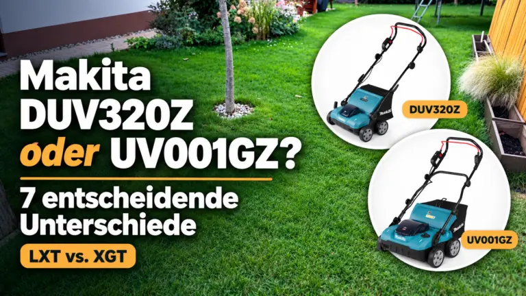Makita DUV320Z oder UV001GZ im Vergleich als Produktabbildungen vor einer Rasenfläche