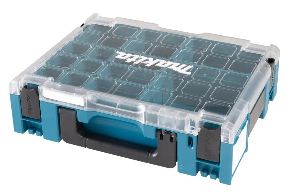 Geschlossener Makita MAKPAC Organizer 191X80-2 mit transparentem Deckel und Tragegriff