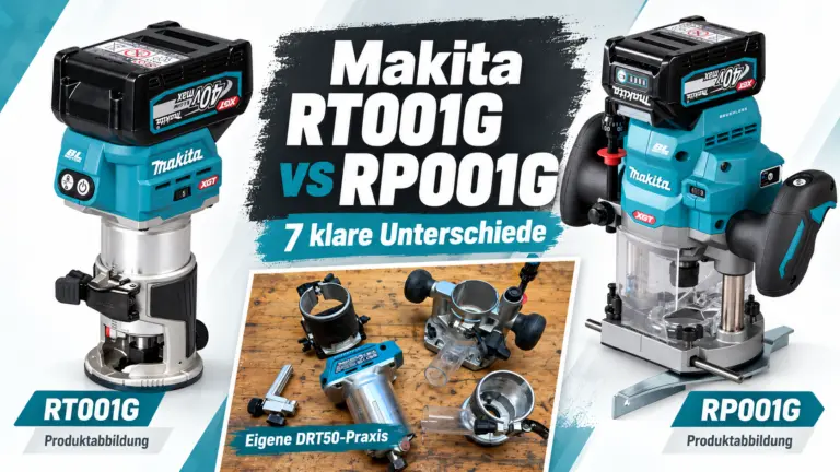 Makita RT001G vs RP001G: Vergleich der beiden 40V-XGT-Fräsen mit Herstellerabbildungen und eigener Makita DRT50 als Praxisbezug
