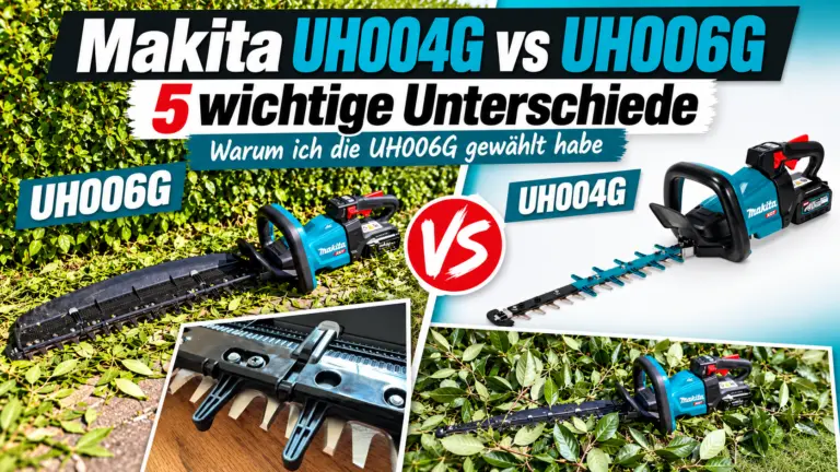 Makita UH004G vs UH006G im Vergleich mit UH006G im Kirschlorbeer-Praxiseinsatz und UH004G als Produktabbildung