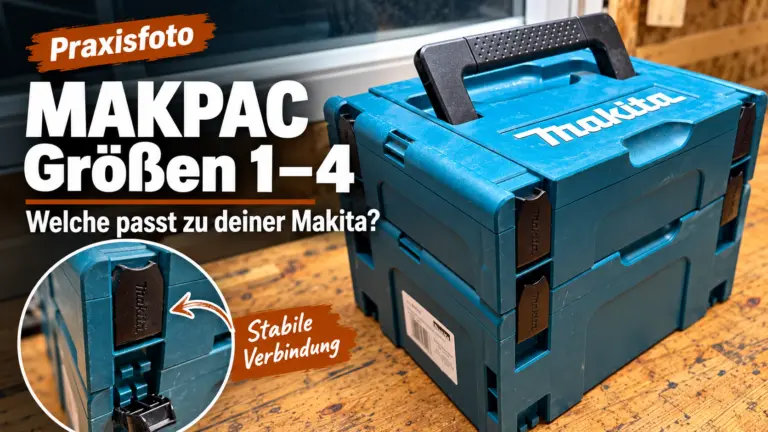 MAKPAC Größen 1–4 mit zwei gestapelten Makita MAKPAC-Koffern auf der Werkbank