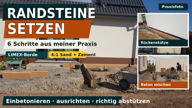 Randsteine setzen an meiner Terrasse mit LIMEX-Borden, Rückenstütze und Betonmischer