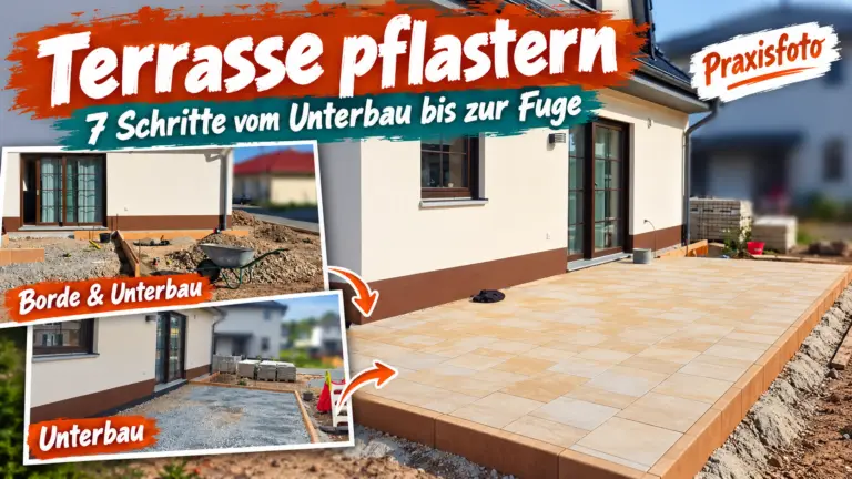 Terrasse pflastern: fertige Pflasterterrasse mit Bildern vom Unterbau und Setzen der Borde