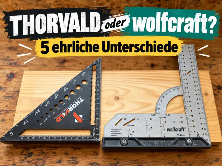 THORVALD vs wolfcraft: Schwarzer 180-mm-Dreieckswinkel links und silberner wolfcraft Universalwinkel 5205000 rechts auf einem Holzbrett.
