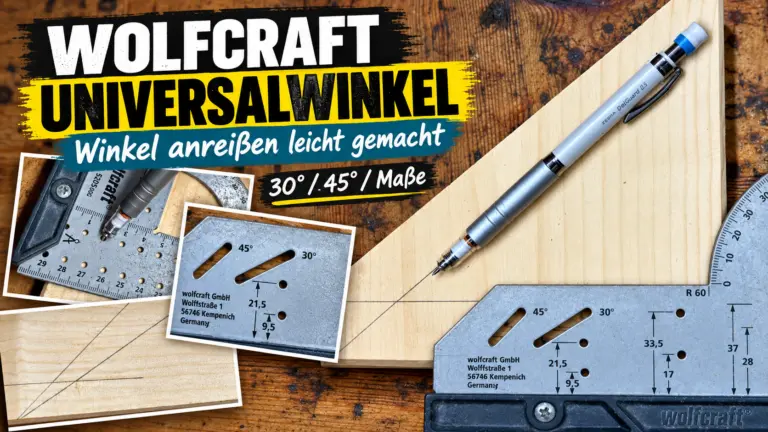 wolfcraft Universalwinkel 5205000 mit Winkelskala, 30- und 45-Grad-Markierungen und Bleistiftanrissen auf Holz
