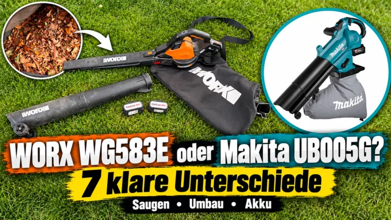 WORX WG583E oder Makita UB005G im Vergleich mit eigenem WORX Laubsauger und Makita UB005G als Produktabbildung